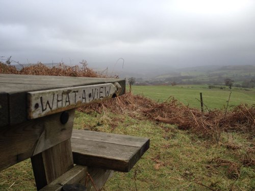 Mainc gerfiedig yn Llanwonnow yn darllen 'What a view'