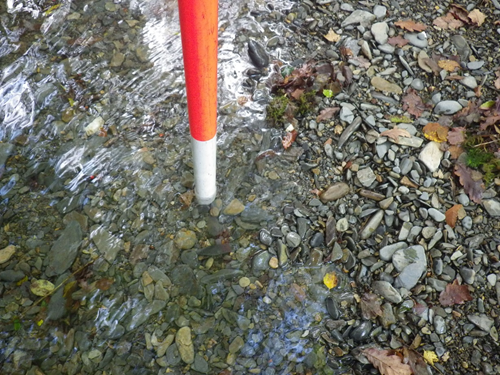 Photograph showing sediments and bed material with ranging pole for scale